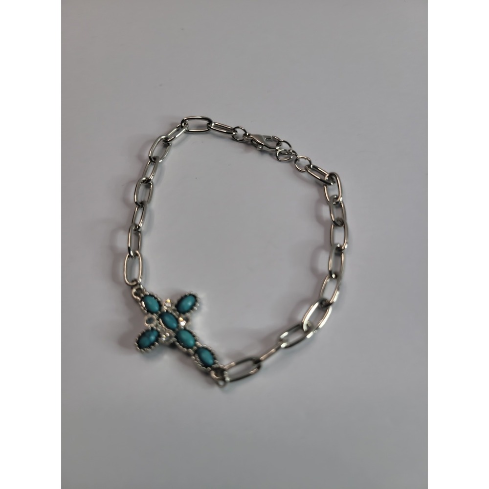 Silver Tone Blue Bracelet Cabochon Cross Bracelet Paperclip Chain Western Boho